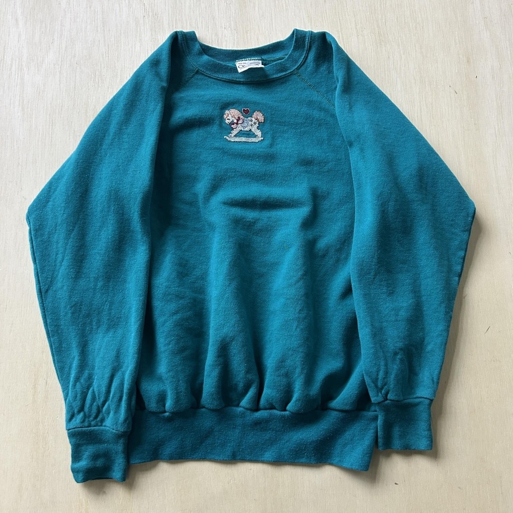 Vintage Rocking Horse Action Sweatshirt Mens Large Teal Fleece Crewneck Graphic